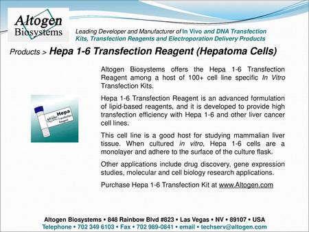 Products > Hepa 1-6 Transfection Reagent (Hepatoma Cells)