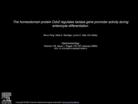 The homeodomain protein Cdx2 regulates lactase gene promoter activity during enterocyte differentiation  Rixun Fang, Nilda A. Santiago, Lynne C. Olds,