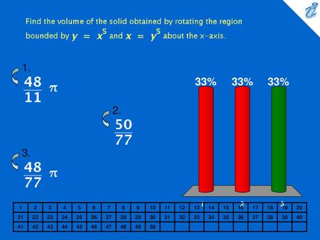 Find the volume of the solid obtained by rotating the region bounded by {image} and {image} about the x-axis. 1. {image} 2. 3. 1 2 3 4 5 6 7 8 9 10 11.