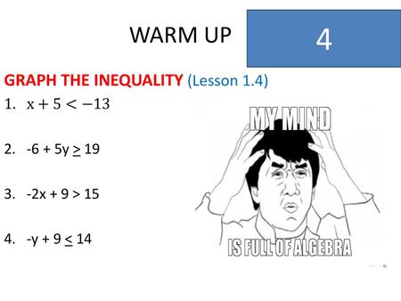 4 WARM UP GRAPH THE INEQUALITY (Lesson 1.4) x+5<− y > 19