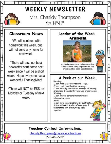 Mrs. Chasidy Thompson Nov. 14th-18th Classroom News