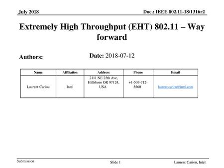 Extremely High Throughput (EHT) – Way forward