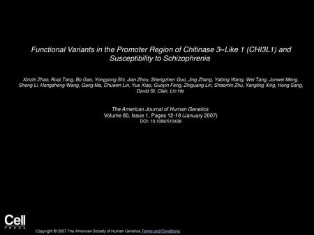 Functional Variants in the Promoter Region of Chitinase 3–Like 1 (CHI3L1) and Susceptibility to Schizophrenia  Xinzhi Zhao, Ruqi Tang, Bo Gao, Yongyong.