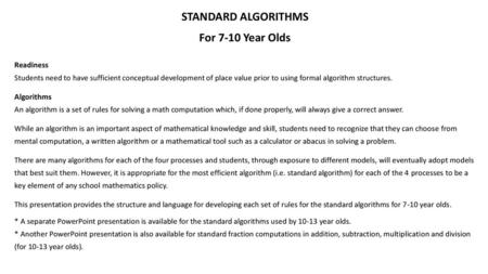 STANDARD ALGORITHMS For 7-10 Year Olds