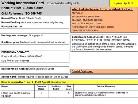 Working Information Card to be carried in safety sack