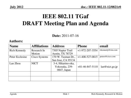 IEEE TGaf DRAFT Meeting Plan and Agenda