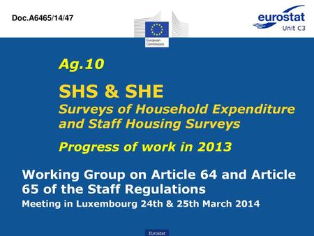 Doc.A6465/14/47 Ag.10 SHS & SHE Surveys of Household Expenditure and Staff Housing Surveys Progress of work in 2013 Working Group on Article 64 and.