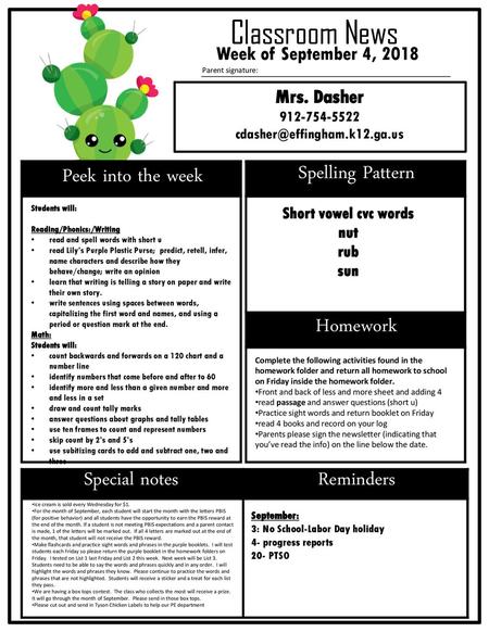 Classroom News Peek into the week Spelling Pattern Homework