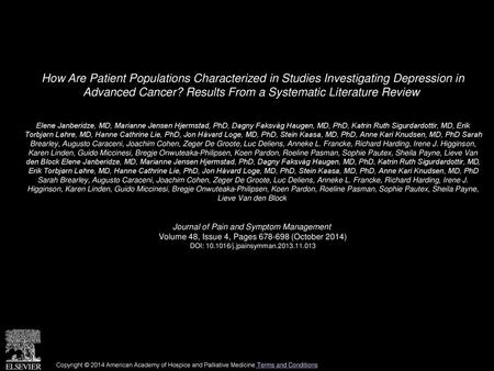 How Are Patient Populations Characterized in Studies Investigating Depression in Advanced Cancer? Results From a Systematic Literature Review  Elene Janberidze,