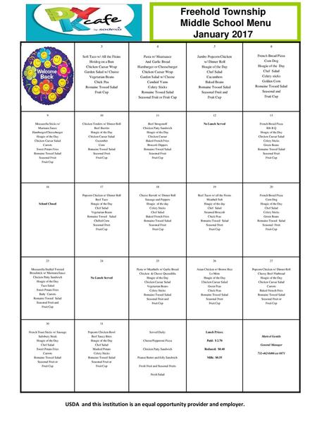 Freehold Township Middle School Menu January 2017