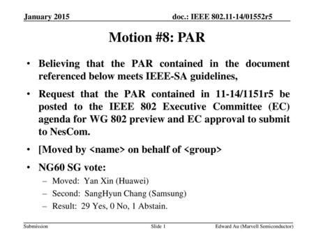 May 2013 doc.: IEEE /xxxxr0 January 2015 Motion #8: PAR