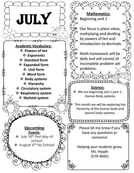 July Mathematics: Beginning unit 1