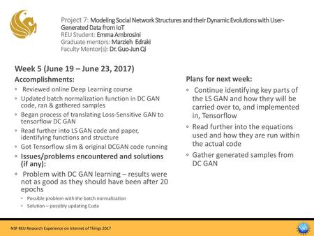 Project 7: Modeling Social Network Structures and their Dynamic Evolutions with User- Generated Data from IoT REU Student: Emma Ambrosini Graduate mentors: