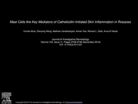 Mast Cells Are Key Mediators of Cathelicidin-Initiated Skin Inflammation in Rosacea  Yumiko Muto, Zhenping Wang, Matthieu Vanderberghe, Aimee Two, Richard.