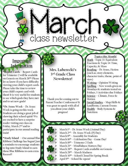 Important Information 3rd Grade Class Newsletter!