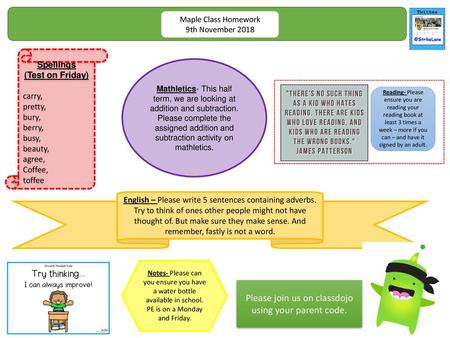 Please join us on classdojo using your parent code.