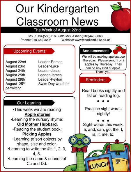 Our Kindergarten Classroom News The Week of August 22nd