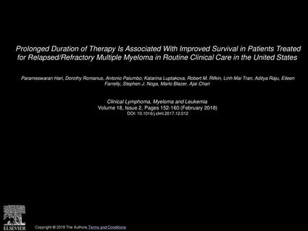 Prolonged Duration of Therapy Is Associated With Improved Survival in Patients Treated for Relapsed/Refractory Multiple Myeloma in Routine Clinical Care.