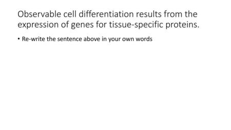 Observable cell differentiation results from the expression of genes for tissue-specific proteins. Re-write the sentence above in your own words.