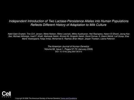 Independent Introduction of Two Lactase-Persistence Alleles into Human Populations Reflects Different History of Adaptation to Milk Culture  Nabil Sabri.