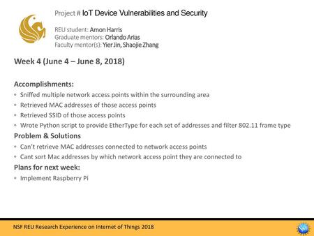 Project # IoT Device Vulnerabilities and Security REU student: Amon Harris Graduate mentors: Orlando Arias Faculty mentor(s): Yier Jin, Shaojie Zhang.