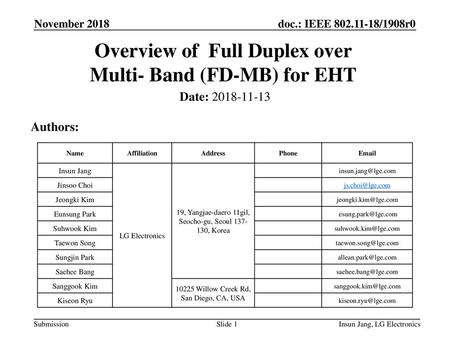 Overview of Full Duplex over Multi- Band (FD-MB) for EHT