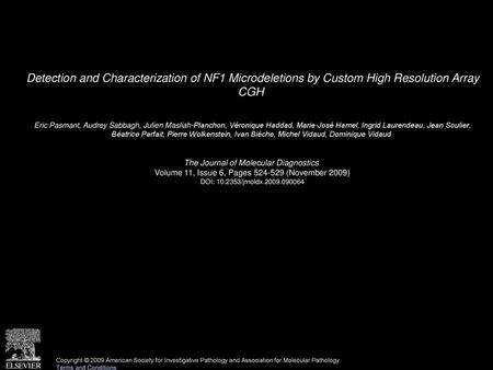 Detection and Characterization of NF1 Microdeletions by Custom High Resolution Array CGH  Eric Pasmant, Audrey Sabbagh, Julien Masliah-Planchon, Véronique.