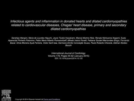 Infectious agents and inflammation in donated hearts and dilated cardiomyopathies related to cardiovascular diseases, Chagas' heart disease, primary and.