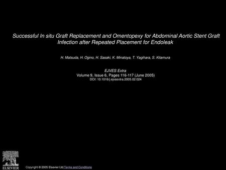 Successful In situ Graft Replacement and Omentopexy for Abdominal Aortic Stent Graft Infection after Repeated Placement for Endoleak  H. Matsuda, H. Ogino,