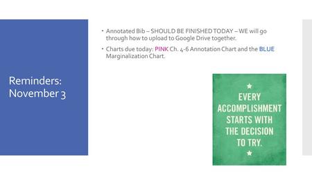 Annotated Bib – SHOULD BE FINISHED TODAY – WE will go through how to upload to Google Drive together. Charts due today: PINK Ch. 4-6 Annotation Chart.