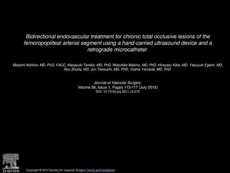 Bidirectional endovascular treatment for chronic total occlusive lesions of the femoropopliteal arterial segment using a hand-carried ultrasound device.