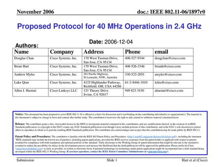 Proposed Protocol for 40 MHz Operations in 2.4 GHz