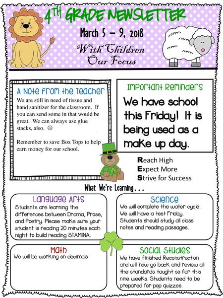 March 5 - 9, th Grade Newsletter With Children Our Focus