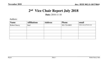 2nd Vice Chair Report July 2018