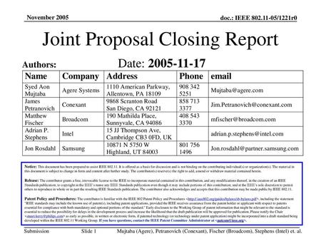 Joint Proposal Closing Report