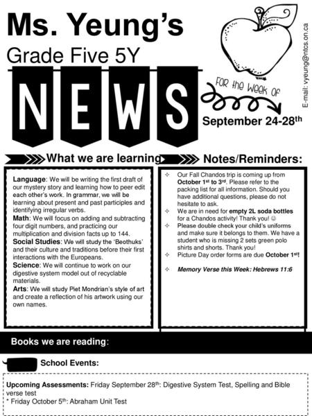 Ms. Yeung’s Grade Five 5Y September 24-28th What we are learning