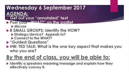 Wednesday 6 September 2017 AGENDA: