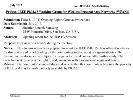 Submission Title: ULP TG Opening Report Geneva Switzerland