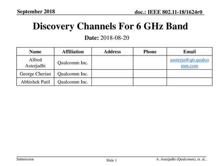 Discovery Channels For 6 GHz Band