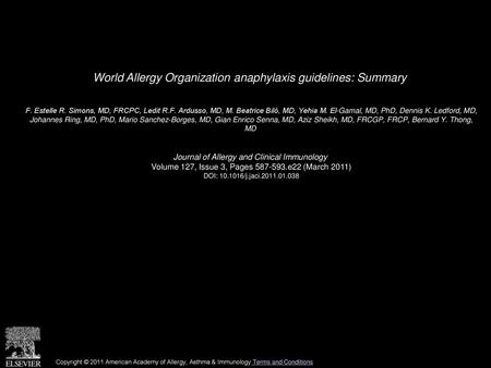 World Allergy Organization anaphylaxis guidelines: Summary