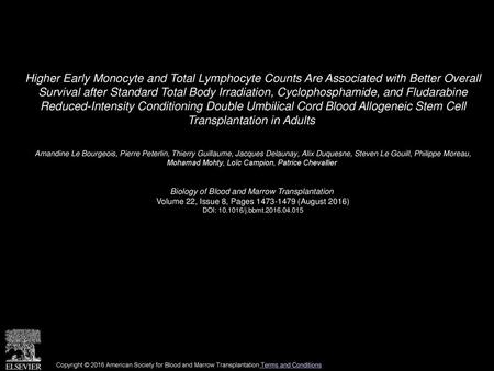 Higher Early Monocyte and Total Lymphocyte Counts Are Associated with Better Overall Survival after Standard Total Body Irradiation, Cyclophosphamide,