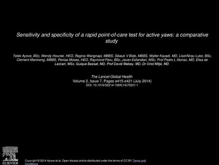 Sensitivity and specificity of a rapid point-of-care test for active yaws: a comparative study  Telek Ayove, BSc, Wendy Houniei, HEO, Regina Wangnapi,