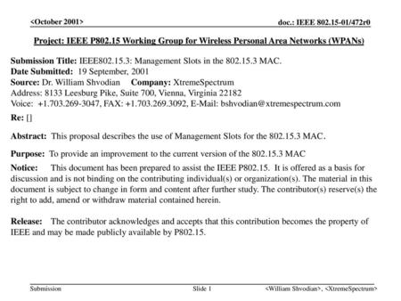 Submission Title: IEEE : Management Slots in the MAC.