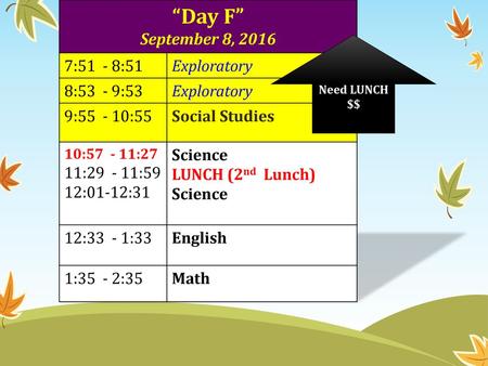 “Day F” September 8, :51 - 8:51 Exploratory 8:53 - 9:53