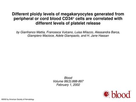 Different ploidy levels of megakaryocytes generated from peripheral or cord blood CD34+ cells are correlated with different levels of platelet release.