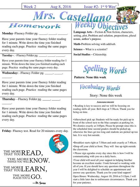 Mrs. Castellano Weekly Objectives Homework Spelling Words