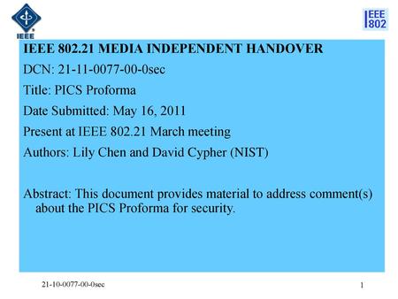 IEEE MEDIA INDEPENDENT HANDOVER DCN: sec