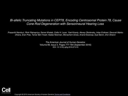 Bi-allelic Truncating Mutations in CEP78, Encoding Centrosomal Protein 78, Cause Cone-Rod Degeneration with Sensorineural Hearing Loss  Prasanthi Namburi,