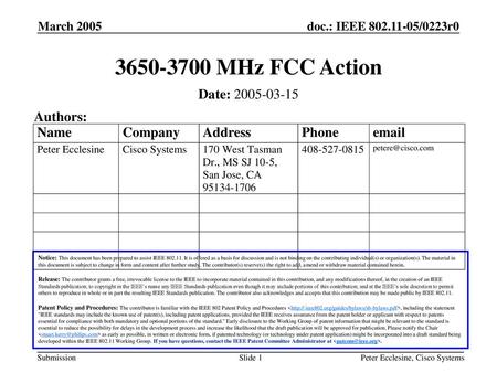 MHz FCC Action Date: Authors: March 2005