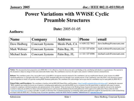 Power Variations with WWiSE Cyclic Preamble Structures